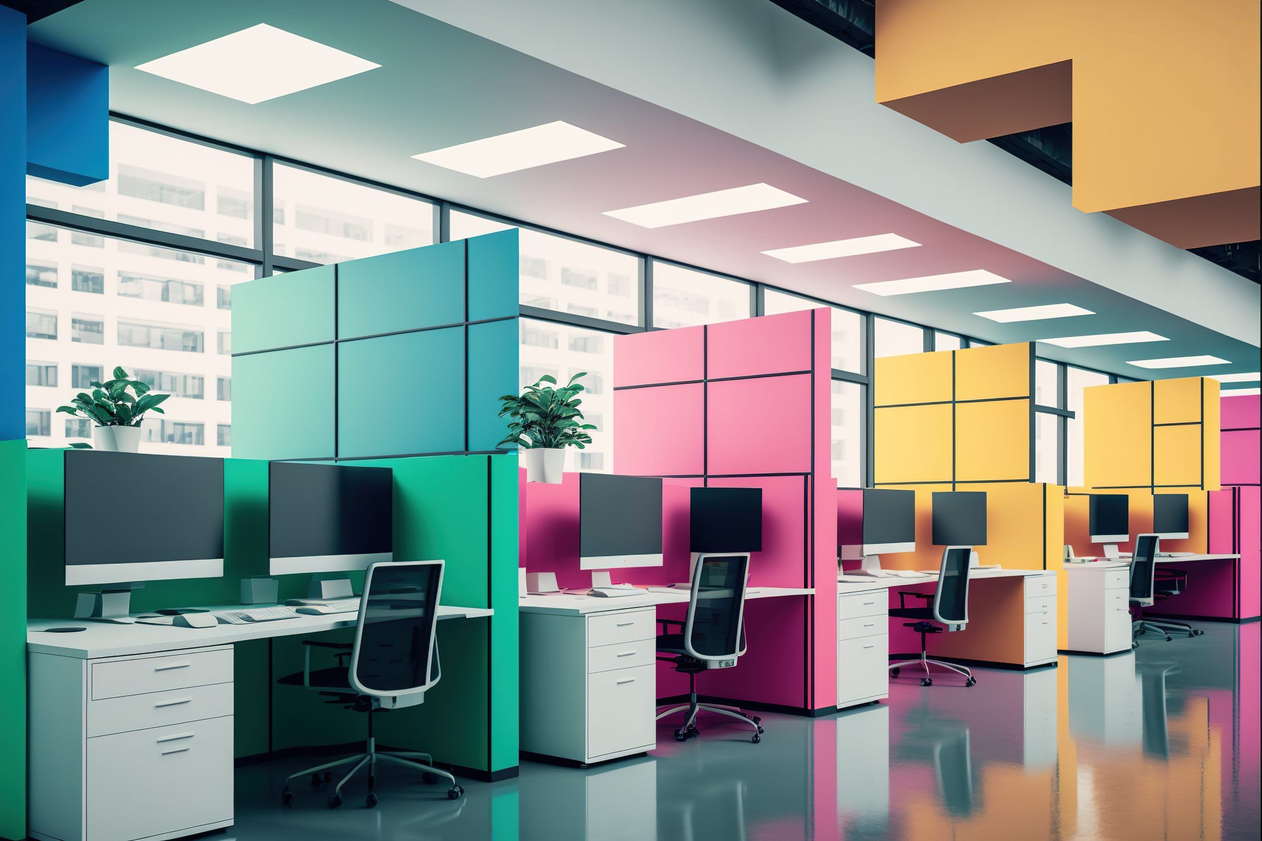 Modern office interior with bright multiple colours
