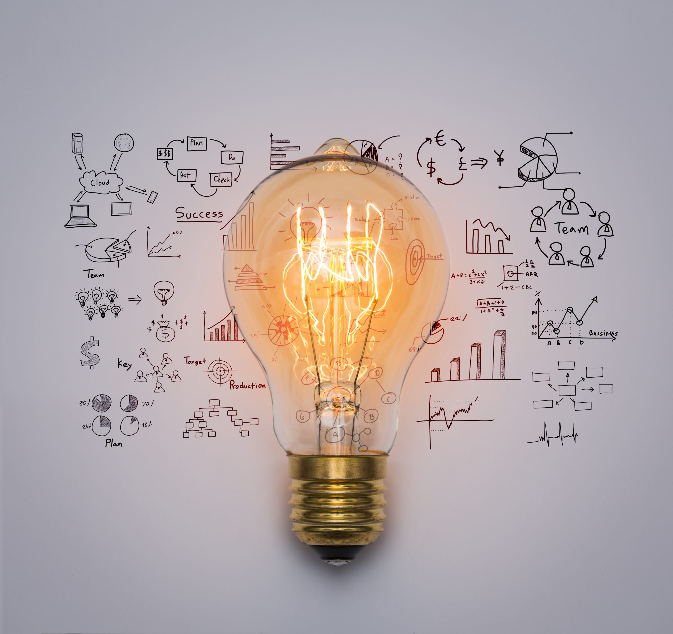 Light bulb with business brainstorming drawing in background